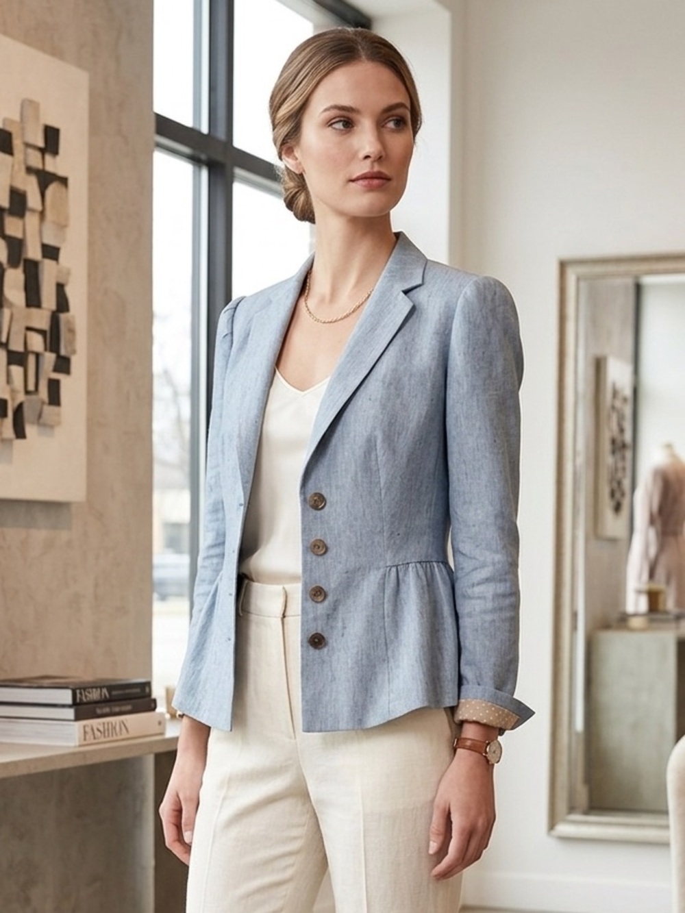 Rebecca Taylor light BlueLinen-Blend Peplum Blazer Jacket | Puff Shoulder Size 6